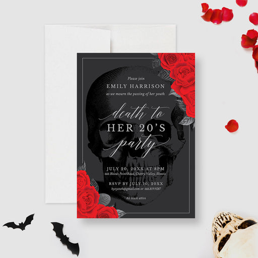 Death to Her 20s party invitation with gothic skull and red roses design-front
