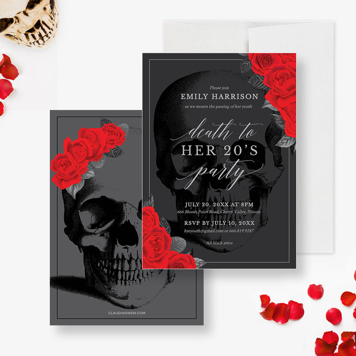 Death to Her 20s Invitation Template Red Roses Skull