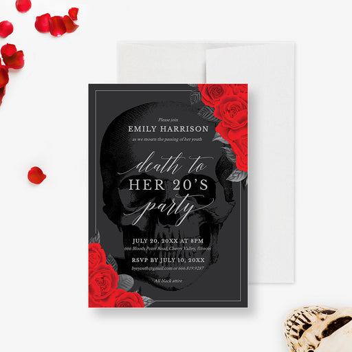 digital Death to Her 20s invitation template with gothic skull and red roses for a funeral for my youth 30th birthday party