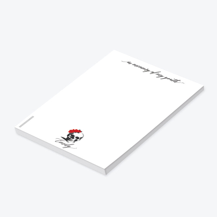 personalized Death to Her 20s notepad with gothic skull and red rose design-side