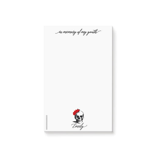 personalized Death to Her 20s notepad with gothic skull and red rose design