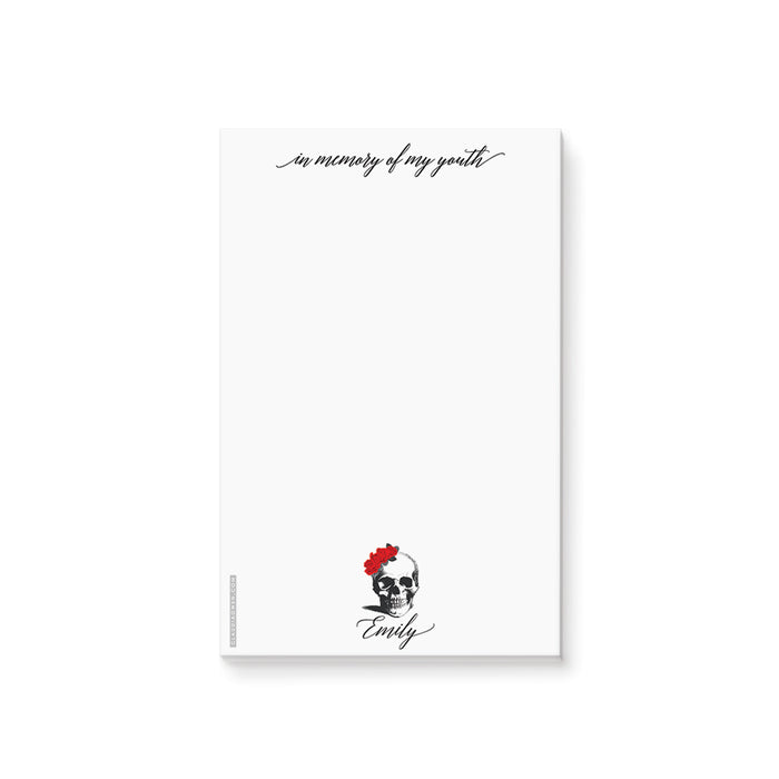 personalized Death to Her 20s notepad with gothic skull and red rose design