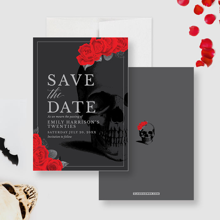 Death to Her 20s save the date card with gothic skull and red roses design-front-back