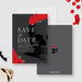 Death to Her 20s save the date card with gothic skull and red roses design-front-back