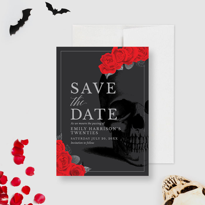 Death to Her 20s save the date card with gothic skull and red roses design-front