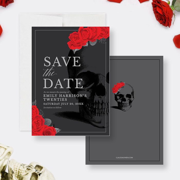 Death to Her 20s Save the Date Template Red Roses Skull
