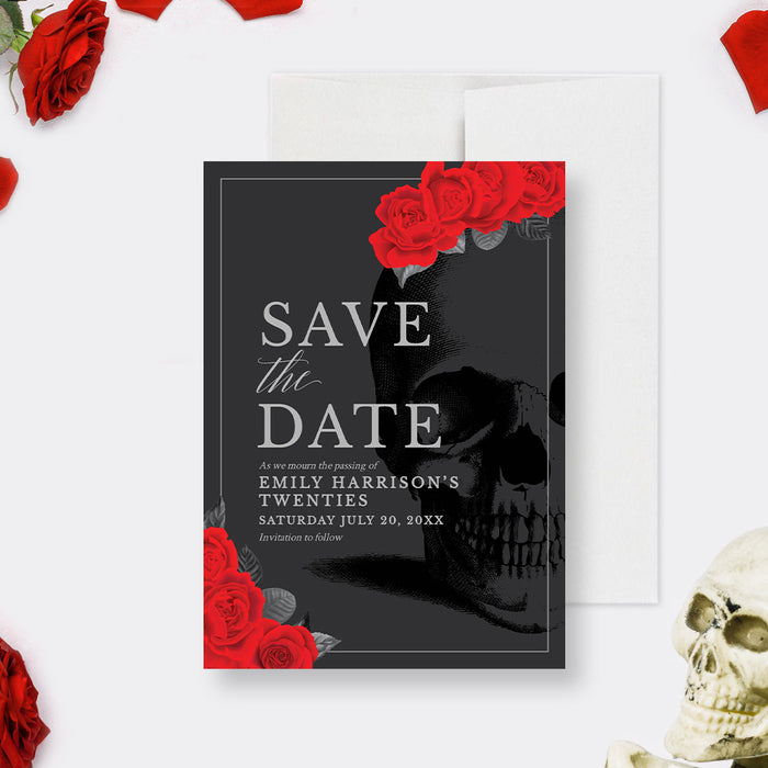 Death to Her 20s save the date template with gothic skull and red roses for a funeral for my youth birthday party