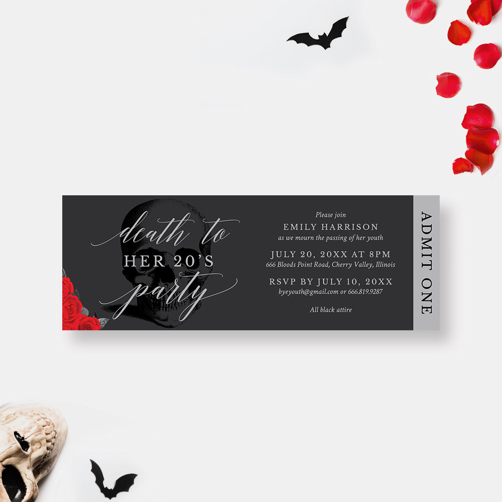 Death to Her 20s Ticket Invitation Gothic Skull Party