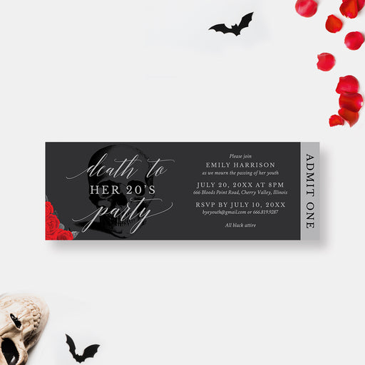 Death to Her 20s ticket invitation with gothic skull and red roses design