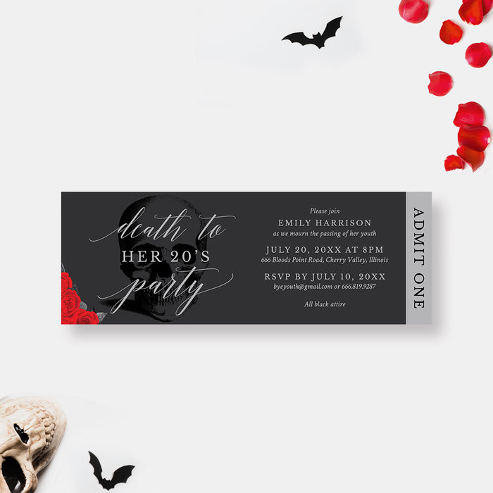 Death to Her 20s ticket invitation with gothic skull and red roses design