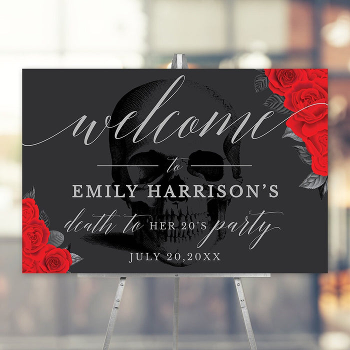 digital Death to Her 20s welcome sign template with gothic skull and red roses for a funeral for my youth birthday party