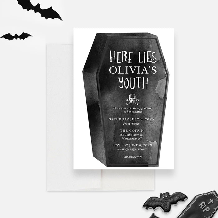 Digital coffin-shaped Death to My 20s invitation template for gothic birthday party