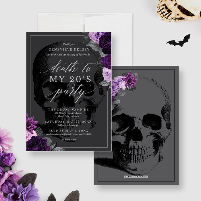 Death to My 20s party invitation with gothic skull and purple floral design-front-back