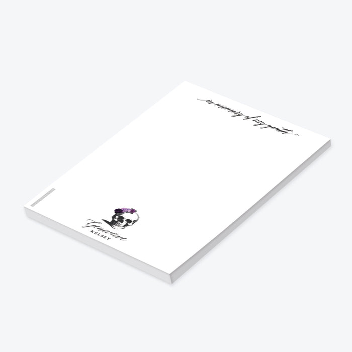 personalized Death to My 20s notepad with gothic skull party theme-side