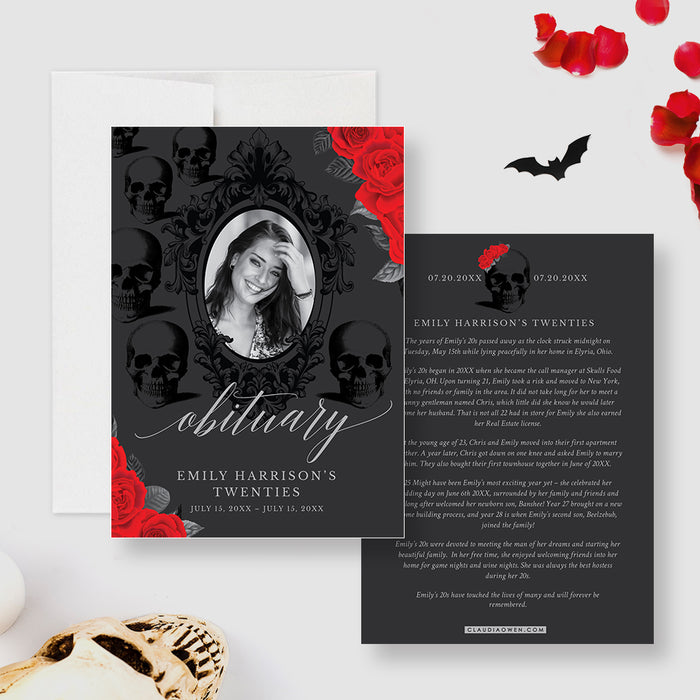funny Death to My 20s obituary card with photo, gothic skull background, and red rose accents for a 30th birthday party