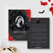 funny Death to My 20s obituary card with photo, gothic skull background, and red rose accents for a 30th birthday party