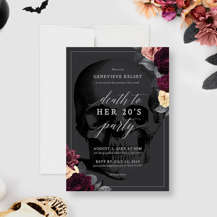 Death to My 20s party invitation with gothic skull and dark floral design