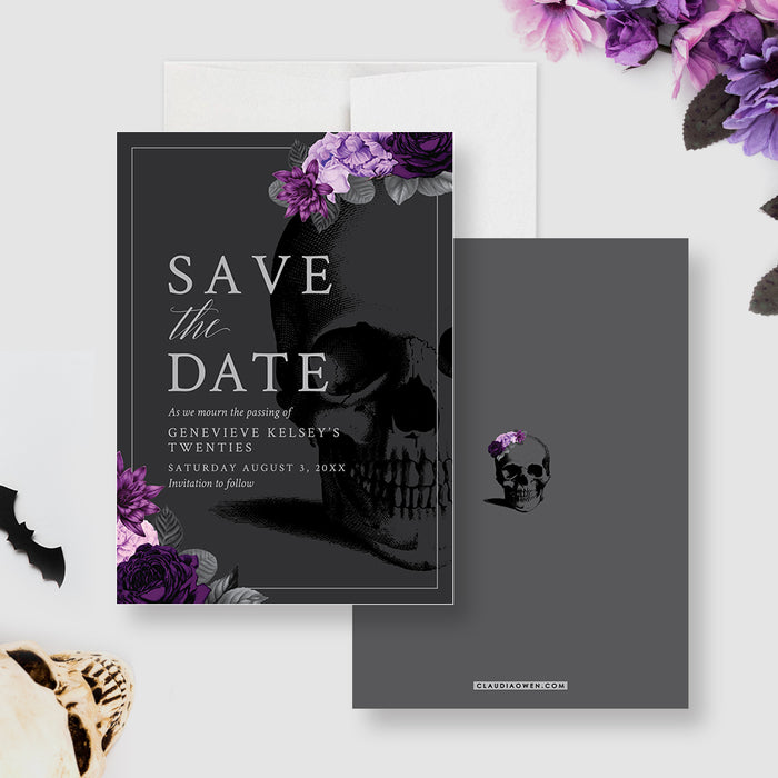 Death to My 20s save the date card with purple floral skull design-front-back