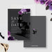 Death to My 20s save the date card with purple floral skull design-front-back