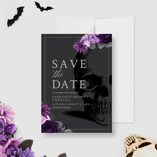 Death to My 20s save the date card with purple floral skull design-front