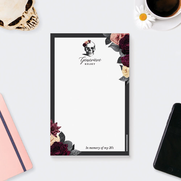 Personalized Death to My 20s notepad with skull and floral design, custom gothic birthday party favor