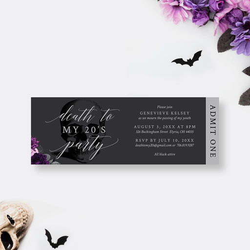 Death to My 20s ticket invitation with gothic skull and purple floral design