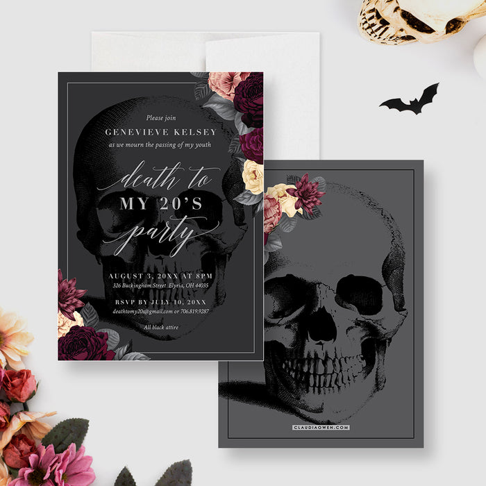 Death to My Twenties birthday invitation with a black skull, burgundy flowers and charcoal background-front-back