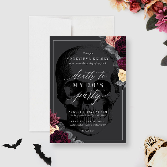 Death to My Twenties birthday invitation with a black skull, burgundy flowers and charcoal background-front