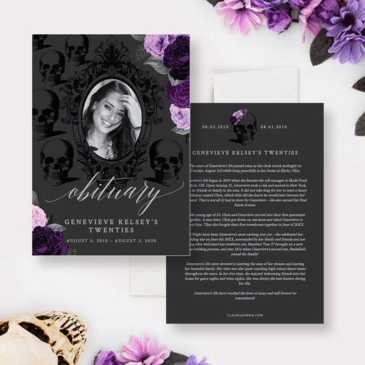 Death to My Youth obituary template with photo, purple flowers, gothic skull background, and funeral for my youth party theme