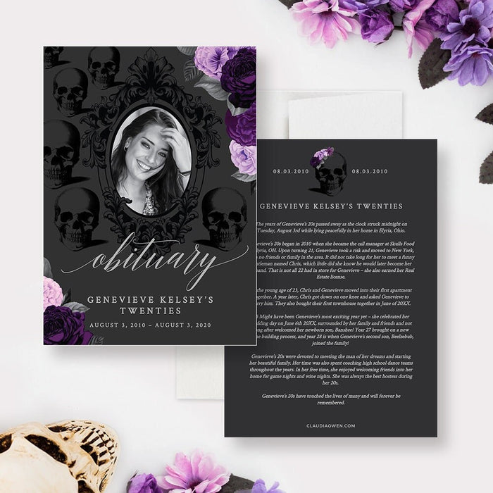 Death to My Youth obituary template with photo, purple flowers, gothic skull background, and funeral for my youth party theme