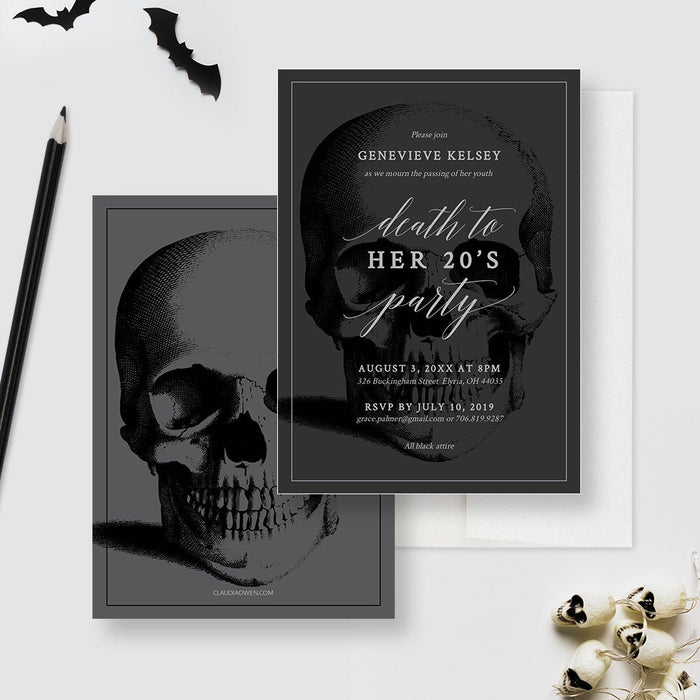 Death to Your 20s birthday invitation front and coordinating skull artwork on the back.