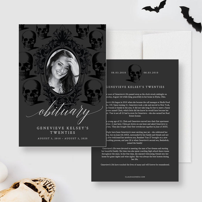 Death to Your 20s photo obituary card template with skull patterned artwork and a message on the back.