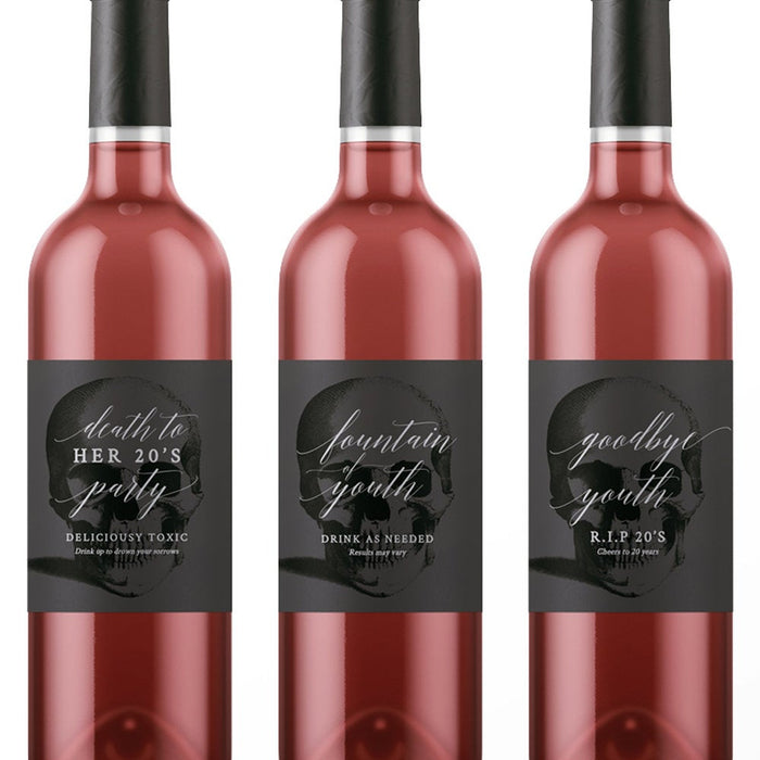 Three Death to Your 20s wine bottle label designs shown on bottles.