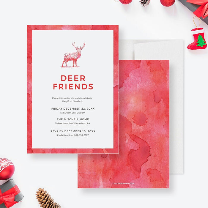 Digital holiday invitation featuring a red watercolor border, deer illustration, and modern minimalist text for a Deer Friends themed Christmas brunch event.