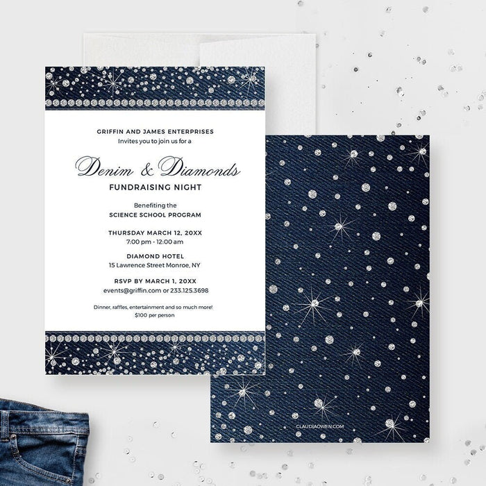 Denim and Diamonds fundraising night digital invitation template with blue denim and sparkling diamond details