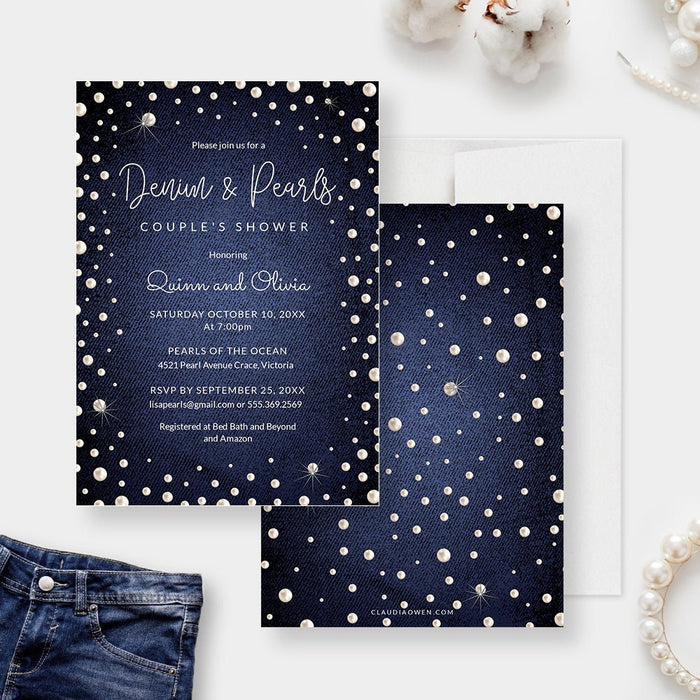 Denim and pearls invitation with white script lettering and pearl details on a navy denim background.