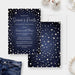 Denim and pearls invitation with white script lettering and pearl details on a navy denim background.