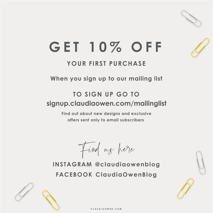 Claudia Owen mailing list graphic offering 10 percent off the first purchase.