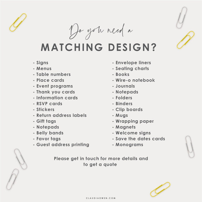 Claudia Owen information about ordering matching signs cards labels and other stationery.