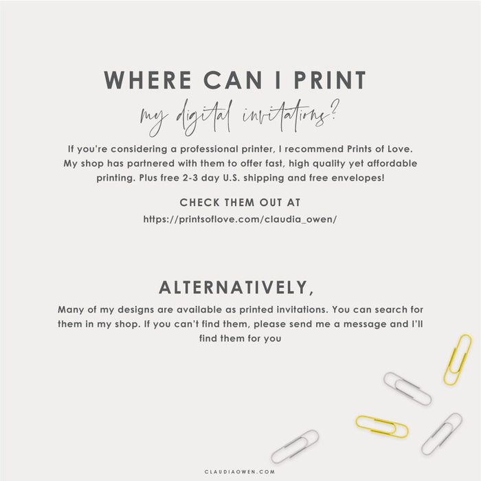 Claudia Owen digital invitation printing guide with Prints of Love and printed design options.