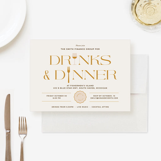 Digital dinner and drinks invitation with elegant gold typography for formal events