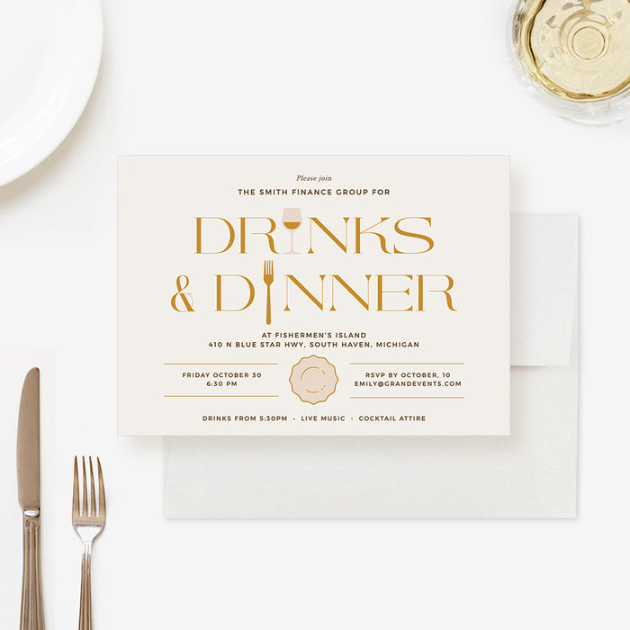 Digital dinner and drinks invitation with elegant gold typography for formal events