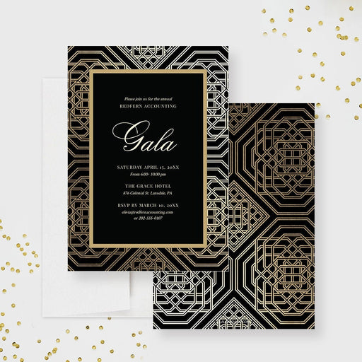 Black and gold geometric gala invitation template with editable event details