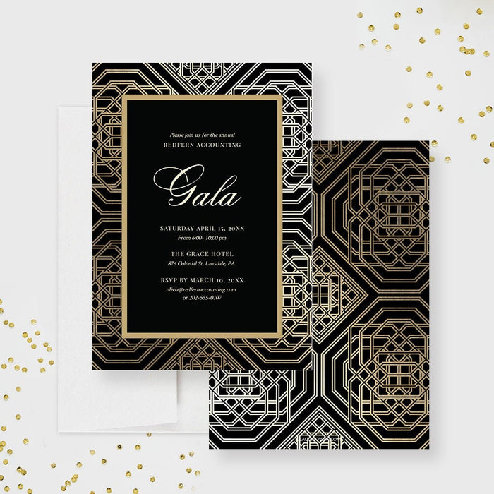 Black and gold geometric gala invitation template with editable event details