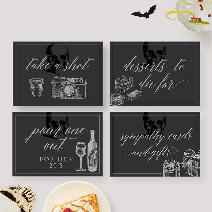 Editable Death to My 20s table sign set in black with white script, skulls and party-themed illustrations