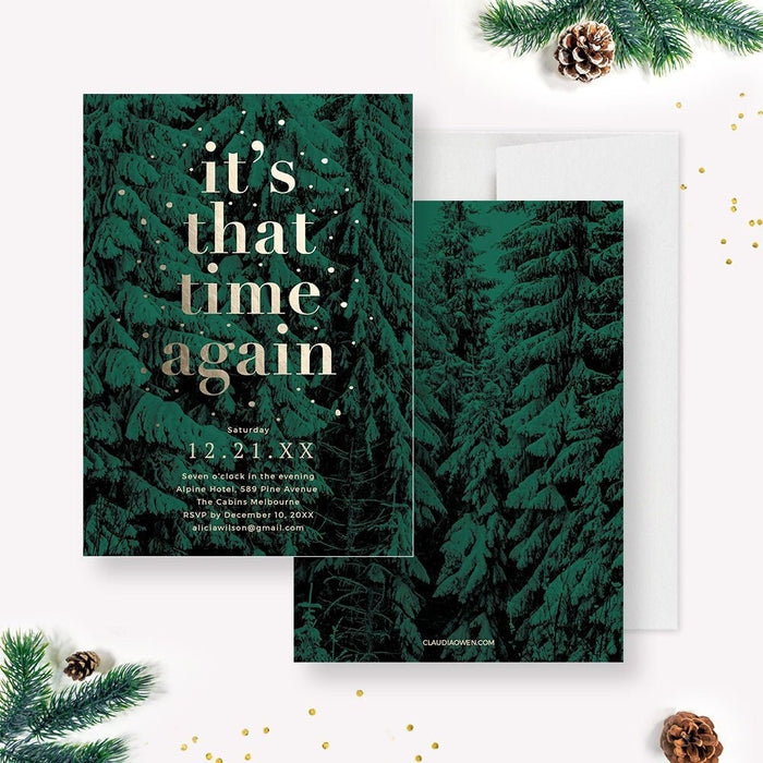 Evergreen forest holiday party invitation template with gold lettering and editable event details-front-back