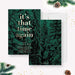 Evergreen forest holiday party invitation template with gold lettering and editable event details-front-back