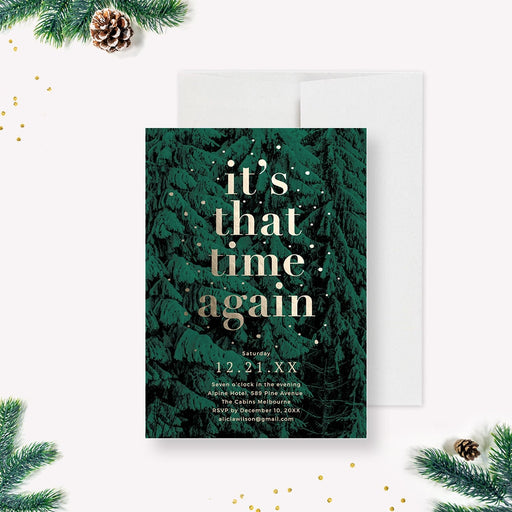 Evergreen forest holiday party invitation template with gold lettering and editable event details-front
