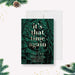 Evergreen forest holiday party invitation template with gold lettering and editable event details-front