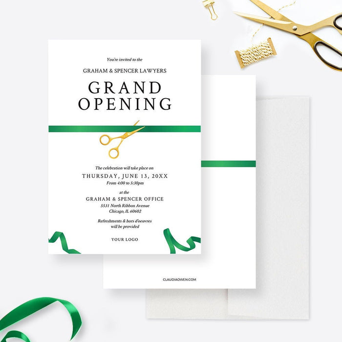 Editable green ribbon grand opening invitation with gold-effect scissors, black event details and a white envelope-front-back